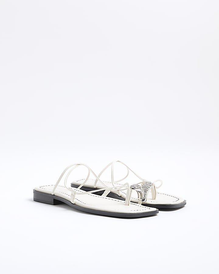 River Island White Diamante Toe Loop Flat Sandals