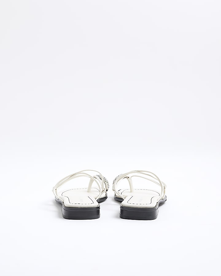 River Island White Diamante Toe Loop Flat Sandals