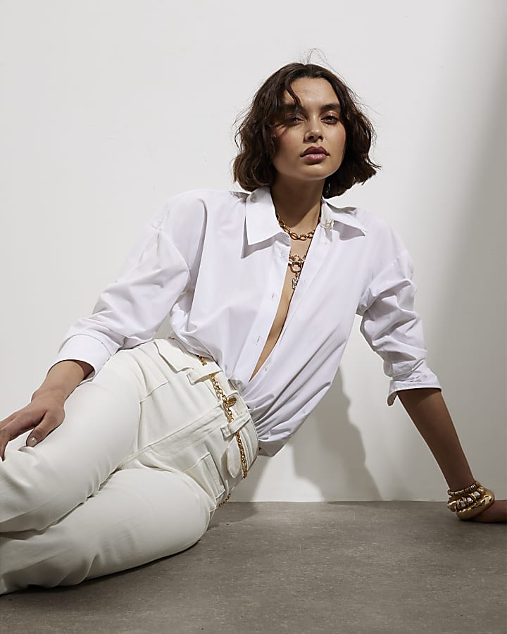River Island White High Rise Relaxed Flare Jeans