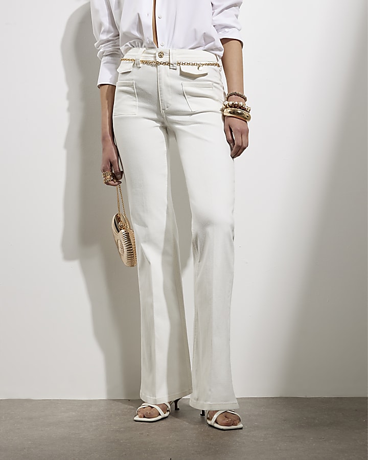River Island White High Rise Relaxed Flare Jeans