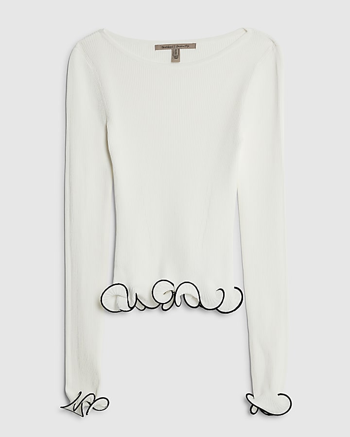 river island White Knitted Scallop Trim Detail Top