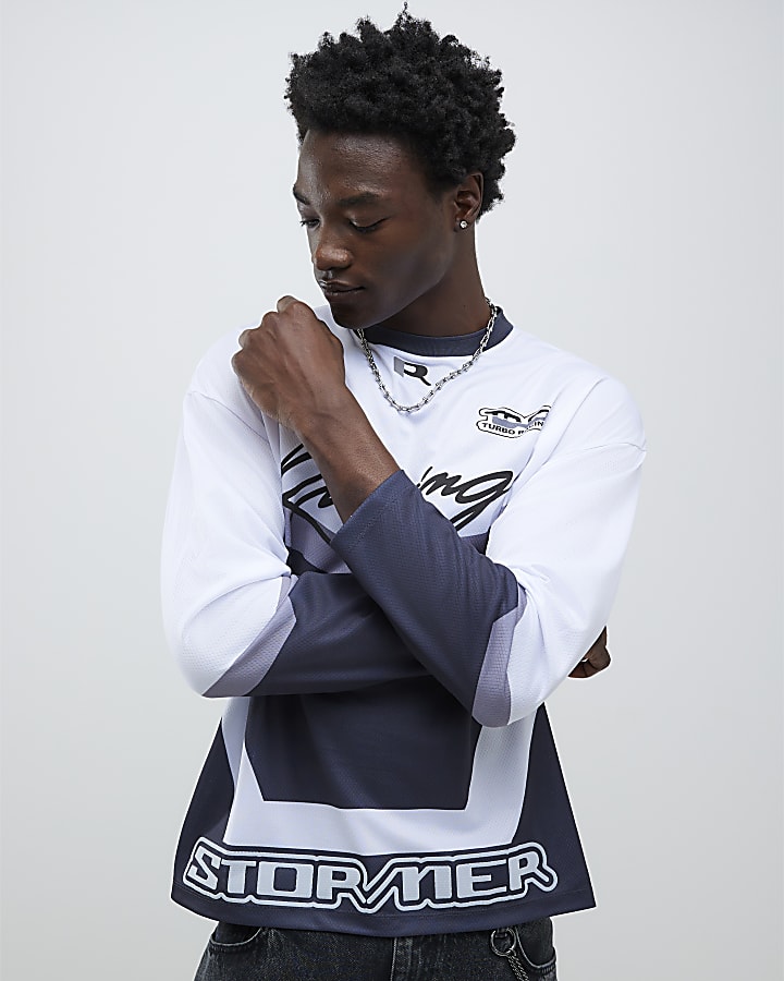 River Island White Long Sleeve Moto Racing T-shirt