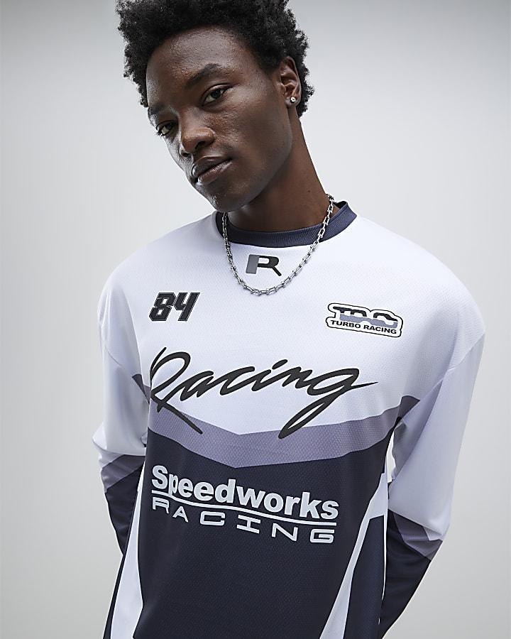 River Island White Long Sleeve Moto Racing T-shirt