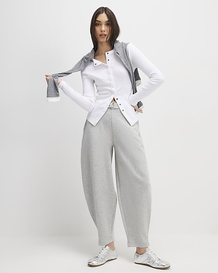 River Island White Long Sleeve Ribbed Popper Top