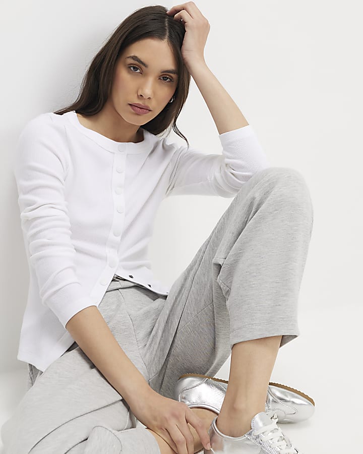 River Island White Long Sleeve Ribbed Popper Top