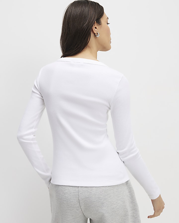 River Island White Long Sleeve Ribbed Popper Top