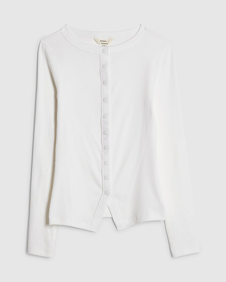 river island White Long Sleeve Ribbed Popper Top