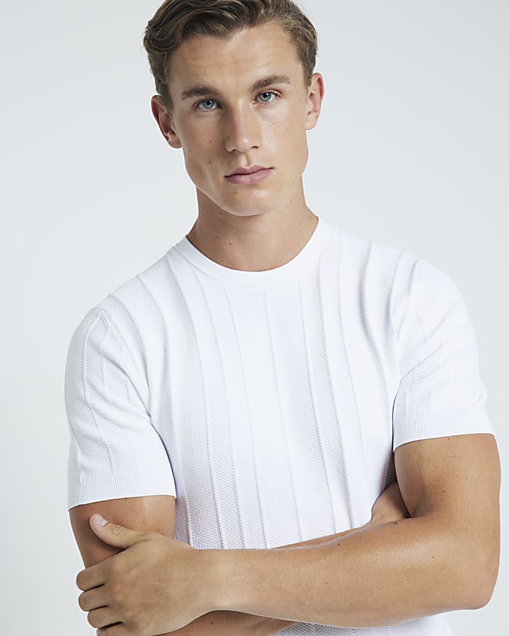 River Island White Muscle Fit Herringbone T-shirt