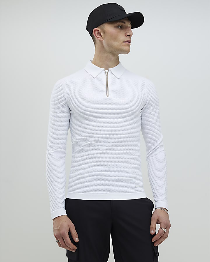 River Island White Muscle Fit Hexagon Polo Shirt