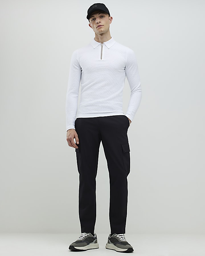 River Island White Muscle Fit Hexagon Polo Shirt