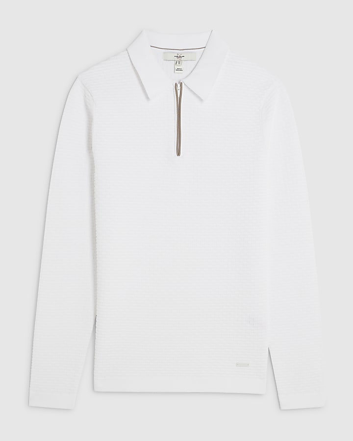 river island White Muscle Fit Hexagon Polo Shirt