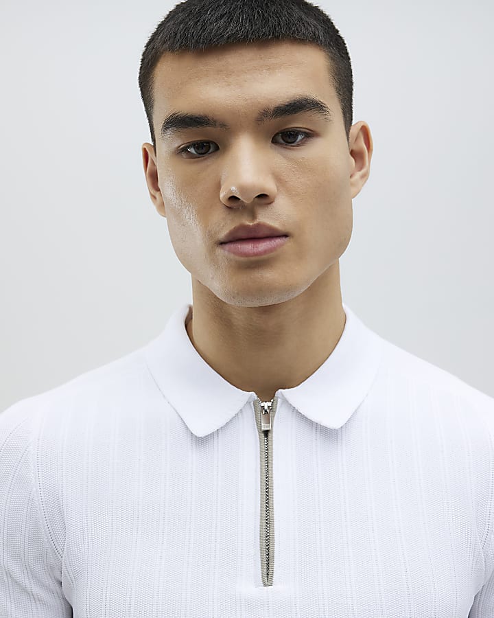 River Island White Muscle Fit Rib Polo Shirt