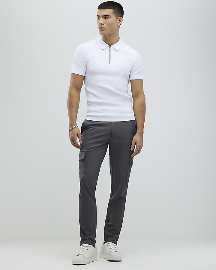 River Island White Muscle Fit Rib Polo Shirt