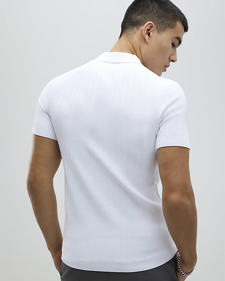 River Island White Muscle Fit Rib Polo Shirt