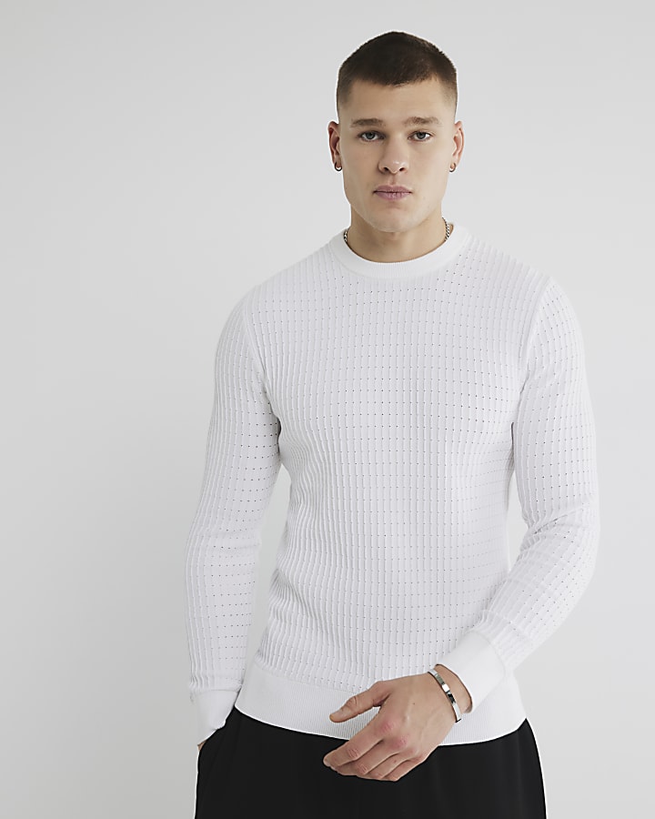 River Island White Muscle Fit Textured Jumper