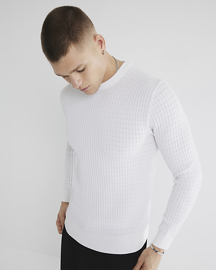 River Island White Muscle Fit Textured Jumper