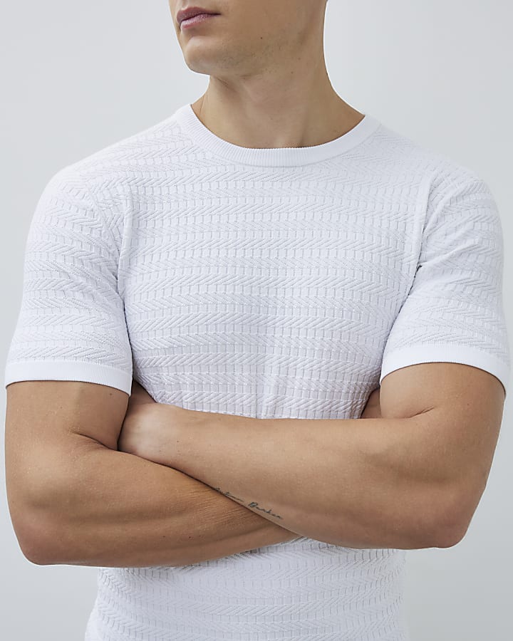 River Island White Muscle Fit Textured T-Shirt