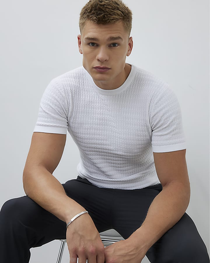 River Island White Muscle Fit Textured T-Shirt