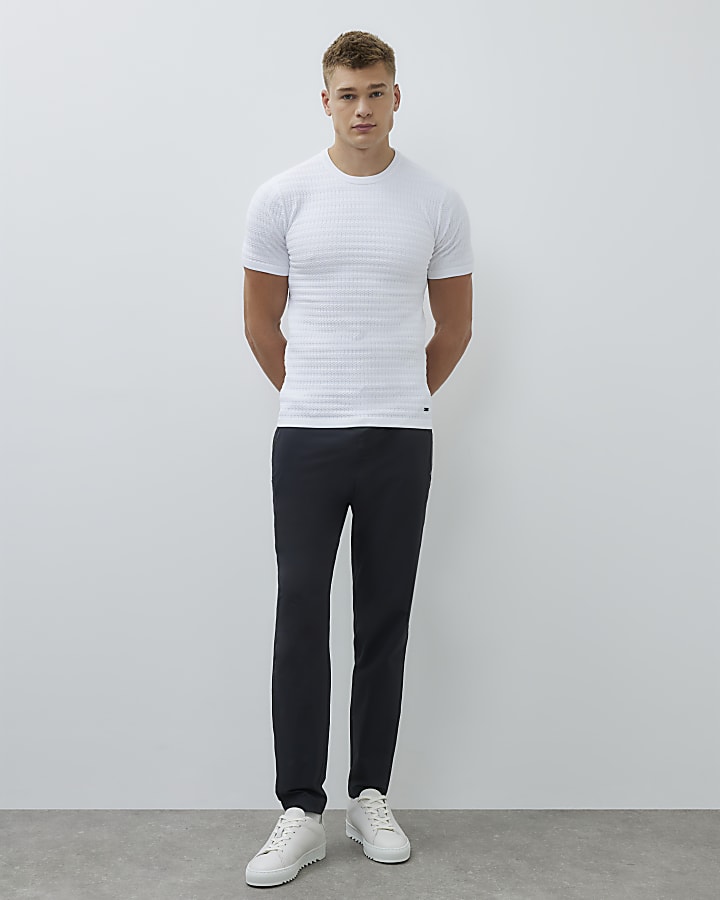 River Island White Muscle Fit Textured T-Shirt