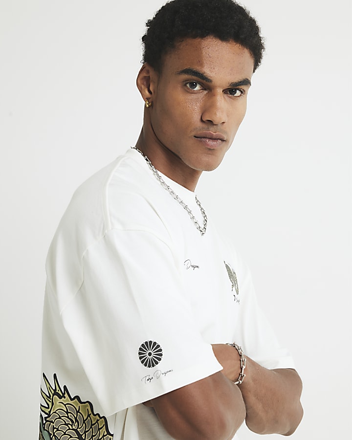 River Island White Oversized Fit Dragon T-Shirt
