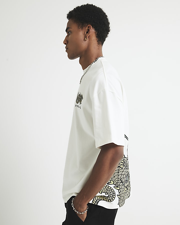 River Island White Oversized Fit Dragon T-Shirt
