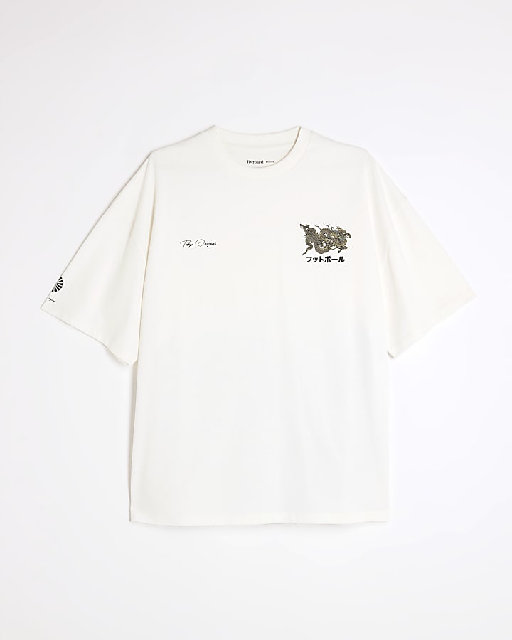 river island White Oversized Fit Dragon T-Shirt