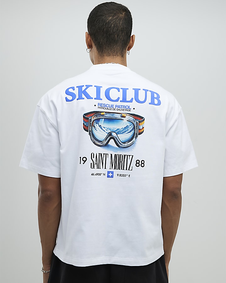 River Island White Oversized Fit Ski Club T-Shirt
