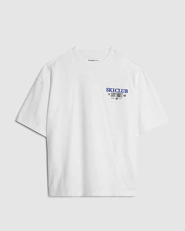 river island White Oversized Fit Ski Club T-Shirt