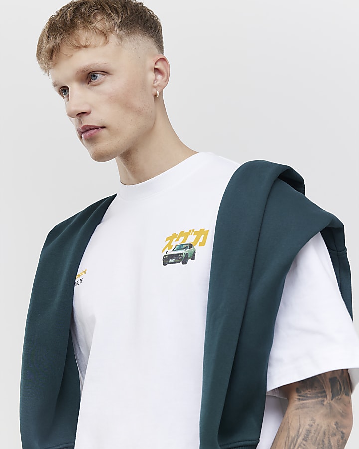 River Island White Oversized Fit Tokyo Car T-Shirt