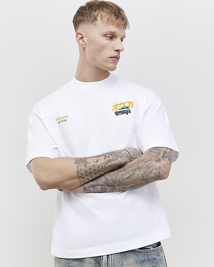 River Island White Oversized Fit Tokyo Car T-Shirt