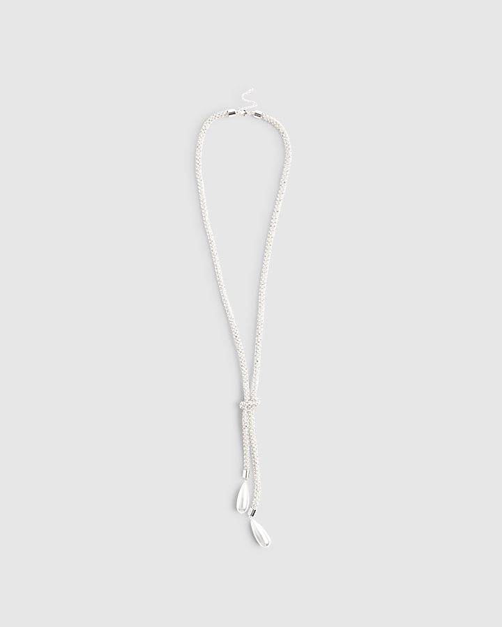 River Island White Pearl Embellished Knot Necklace