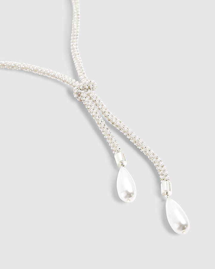 river island White Pearl Embellished Knot Necklace