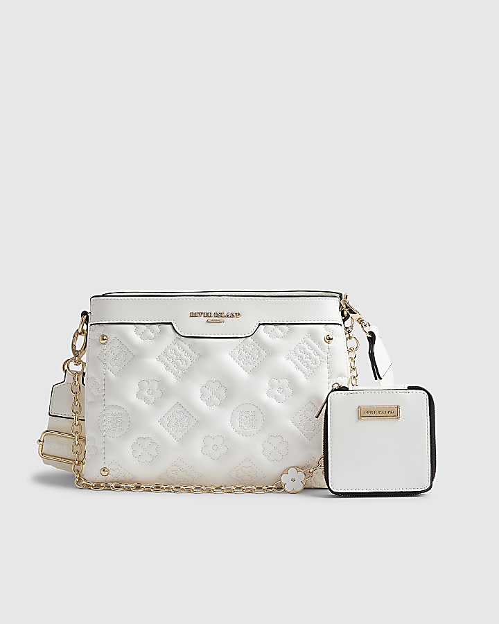 River Island White Quilted Monogram Cross Body Bag