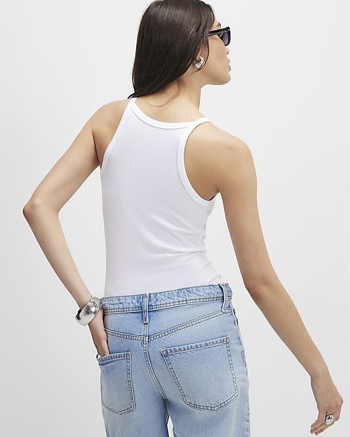 River Island White Ribbed Racer Front Tank Top