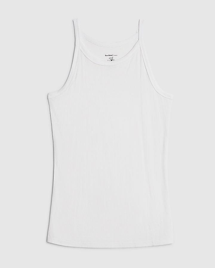 river island White Ribbed Racer Front Tank Top