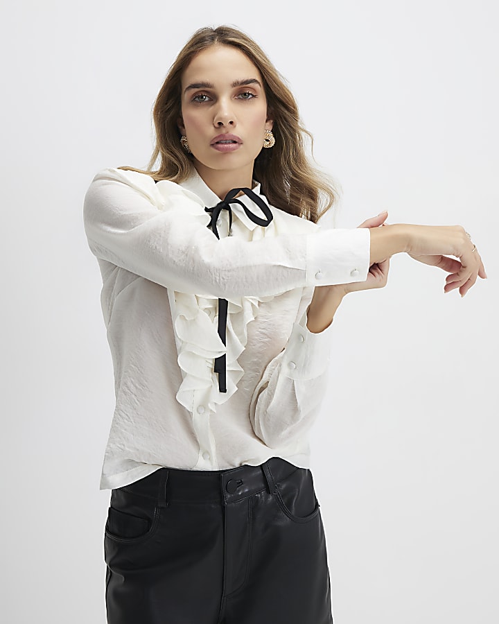 River Island White Ruffle Tie Neck Blouse
