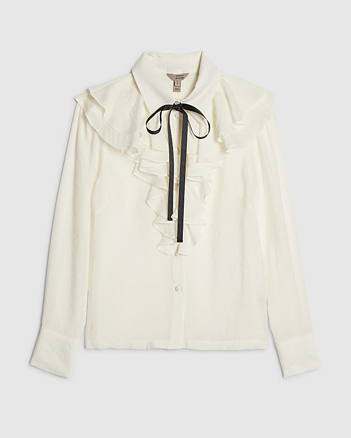 river island White Ruffle Tie Neck Blouse