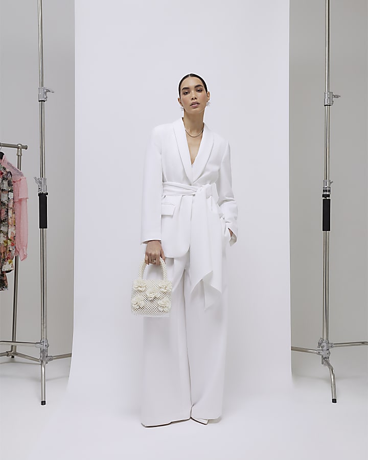 River Island White Shawl Collar Tie Waist Blazer