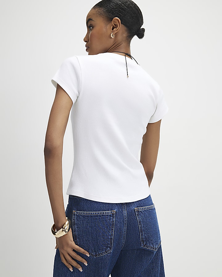 River Island White Short Sleeve Fitted Rib T-shirt