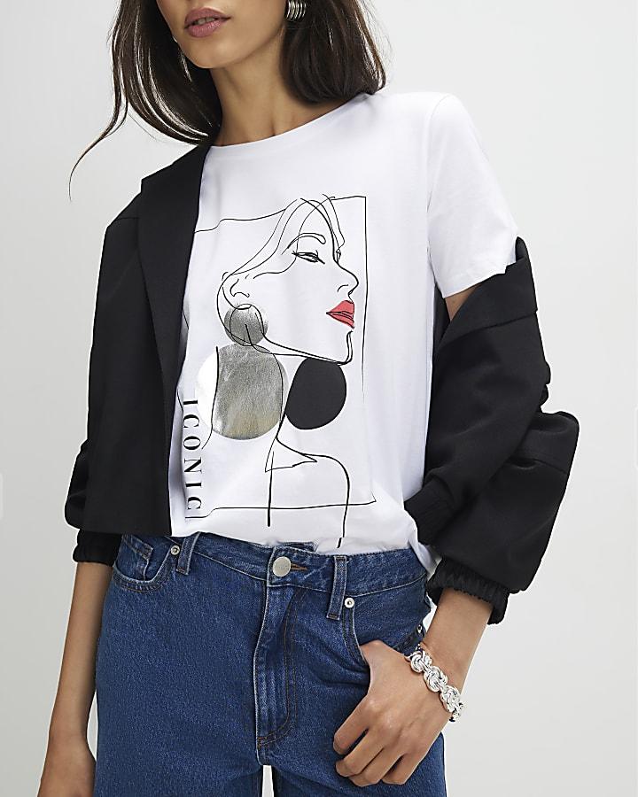 River Island White Sketchy Face Red Lips T-Shirt
