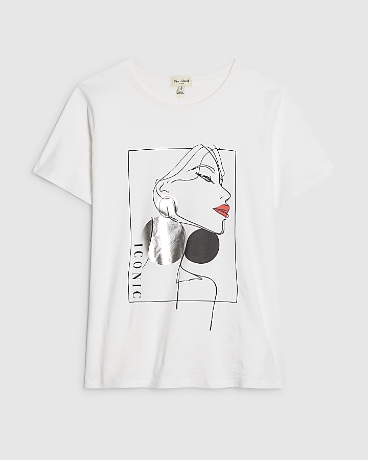 river island White Sketchy Face Red Lips T-Shirt