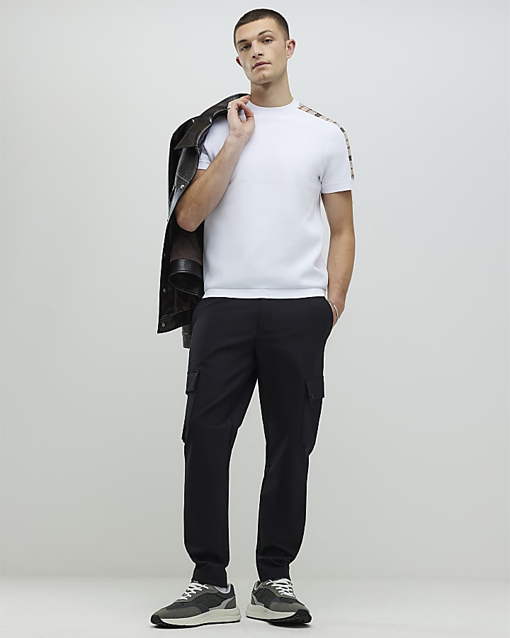 River Island White Slim Fit Check Knit T-Shirt