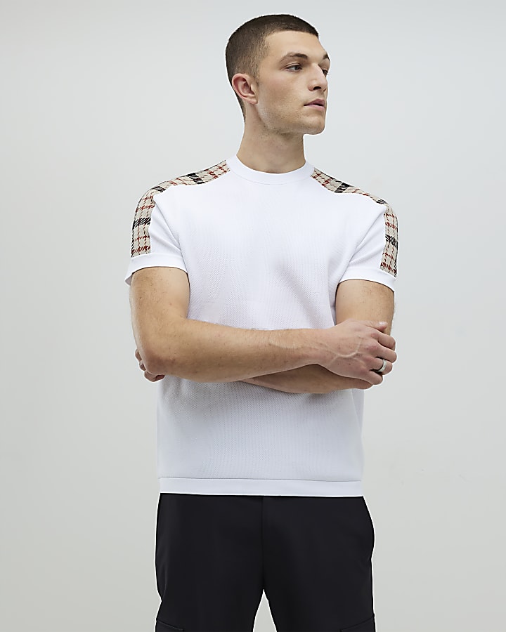 River Island White Slim Fit Check Knit T-Shirt