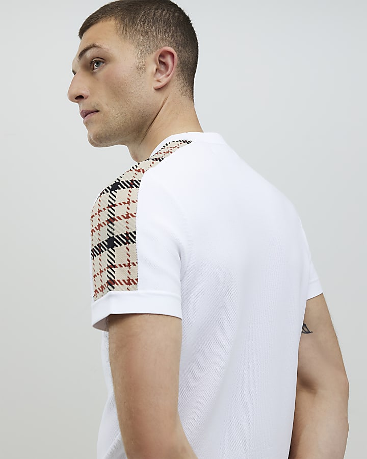River Island White Slim Fit Check Knit T-Shirt