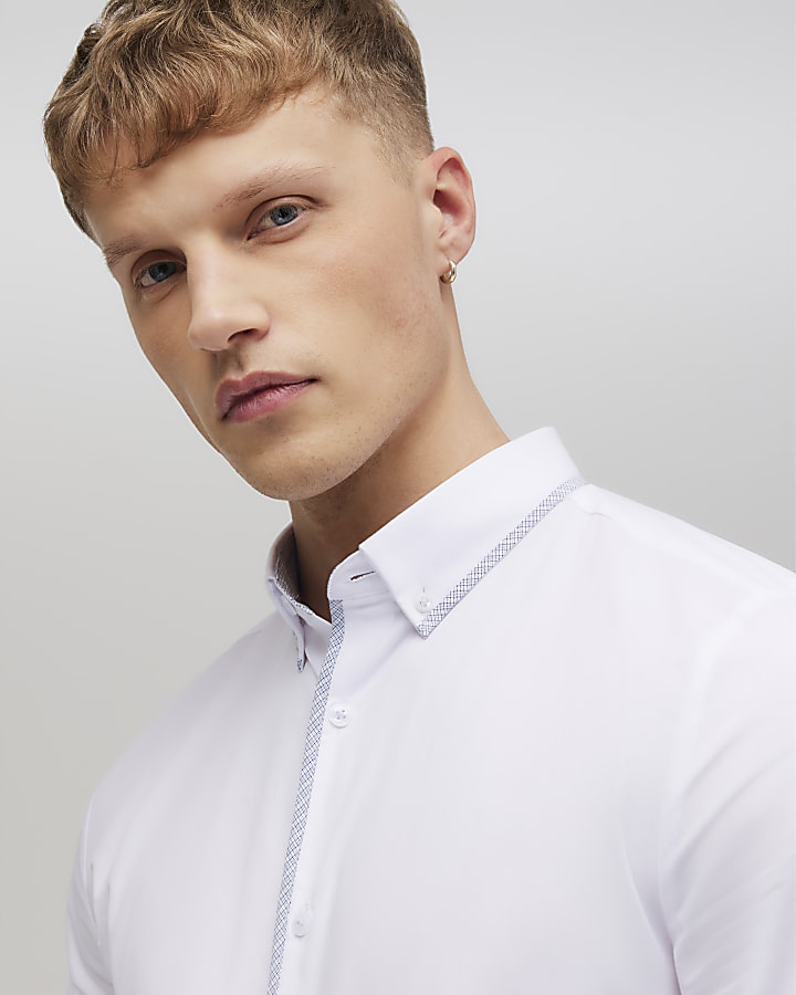 River Island White Slim Fit Check Trim Shirt