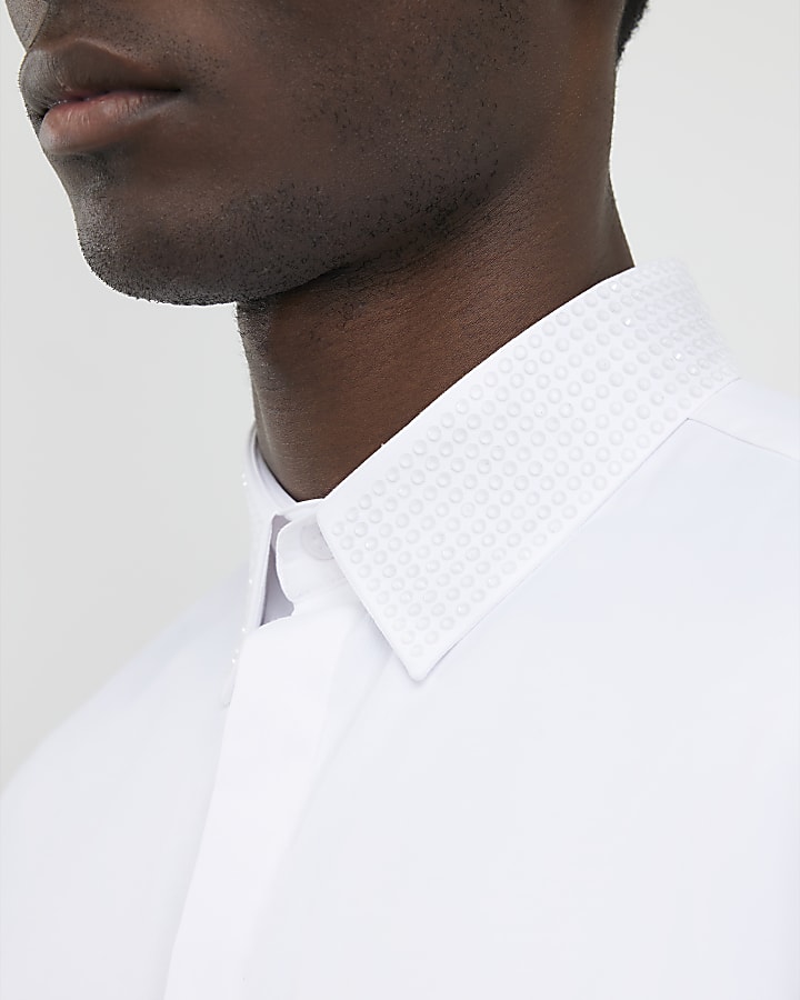 River Island White Slim Fit Glitter Collar Shirt