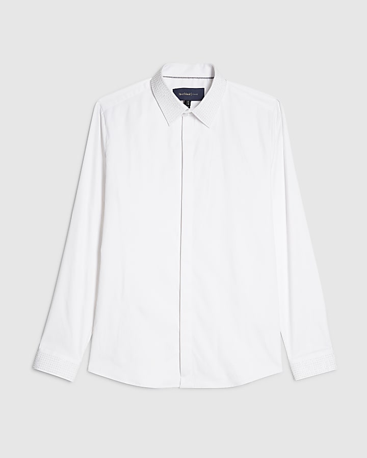 river island White Slim Fit Glitter Collar Shirt