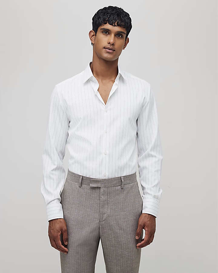 River Island White Slim Fit Taupe Stripe Shirt