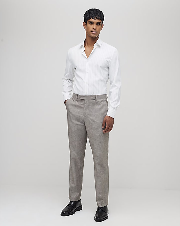 River Island White Slim Fit Taupe Stripe Shirt