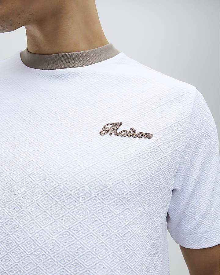 River Island White Slim Fit Textured T-Shirt